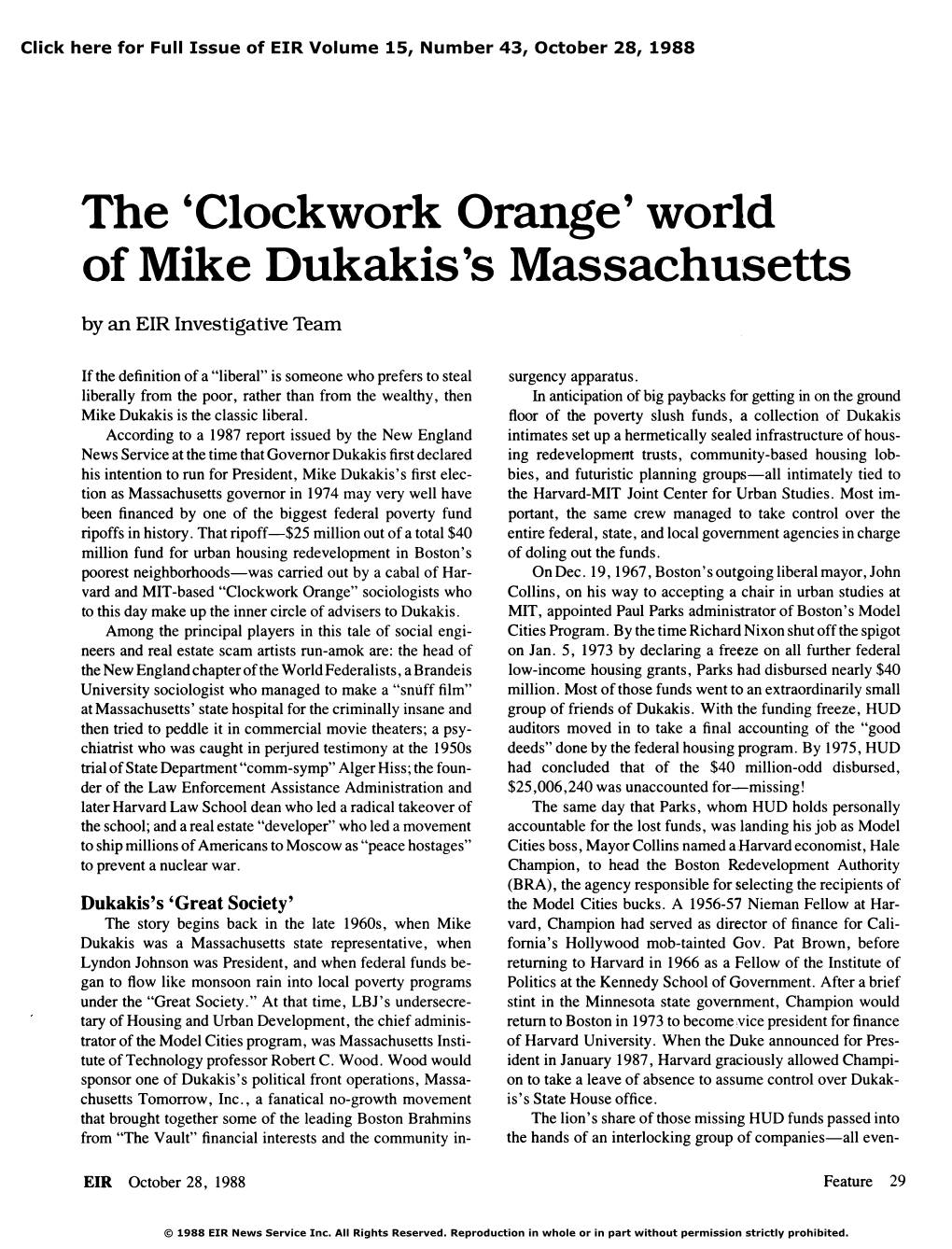 The 'Clockwork Orange' World of Mike Dukakis's Massachusetts