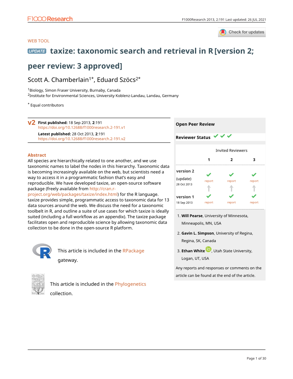 Taxize: Taxonomic Search and Retrieval in R[Version 2; Peer Review: 3 Approved]