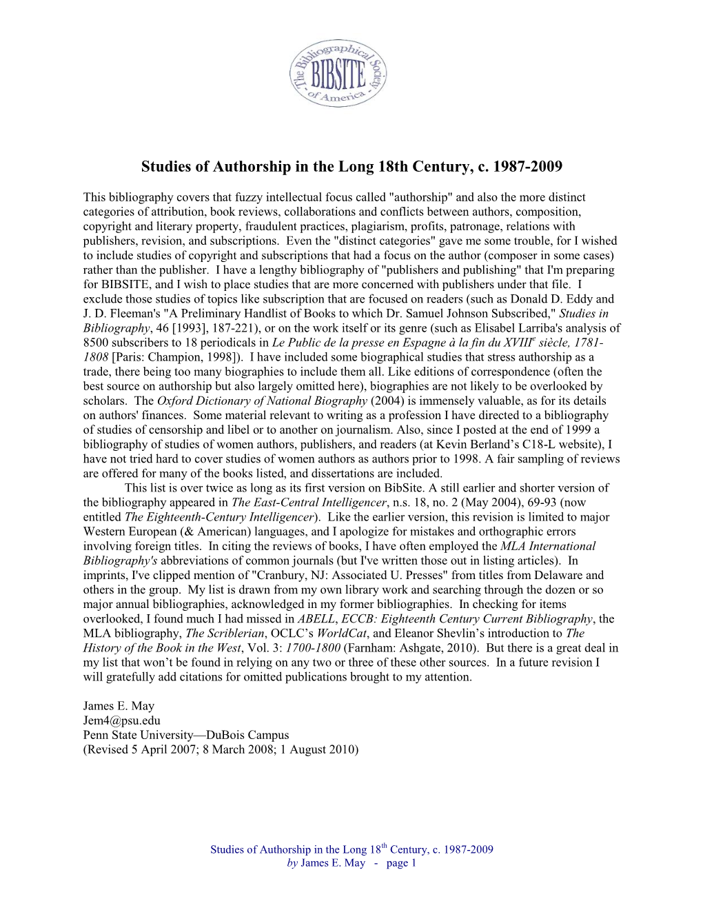 Studies of Authorship in the Long 18Th Century, C. 1987-2009