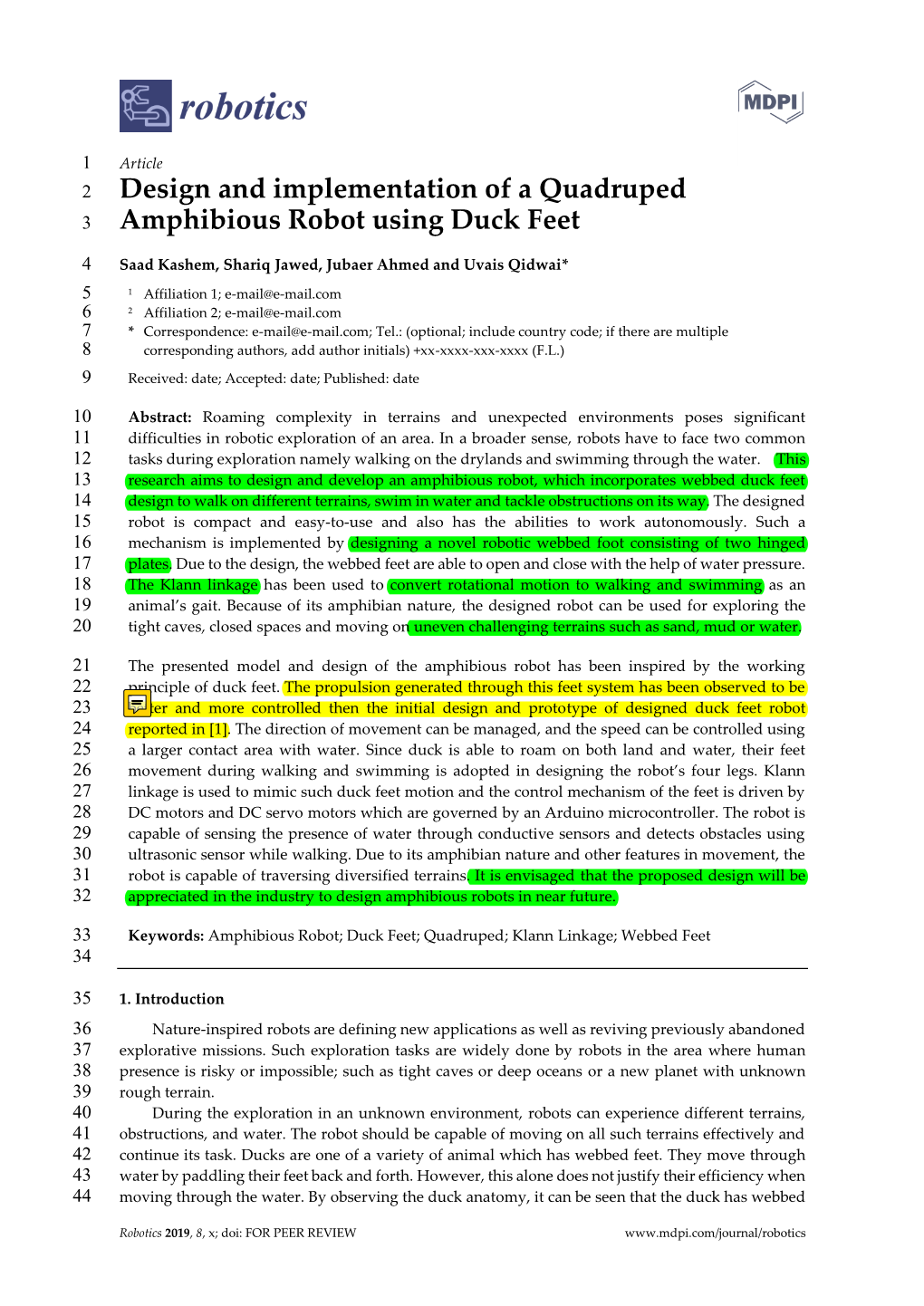 Article Design and Implementation of a Quadruped Amphibious Robot