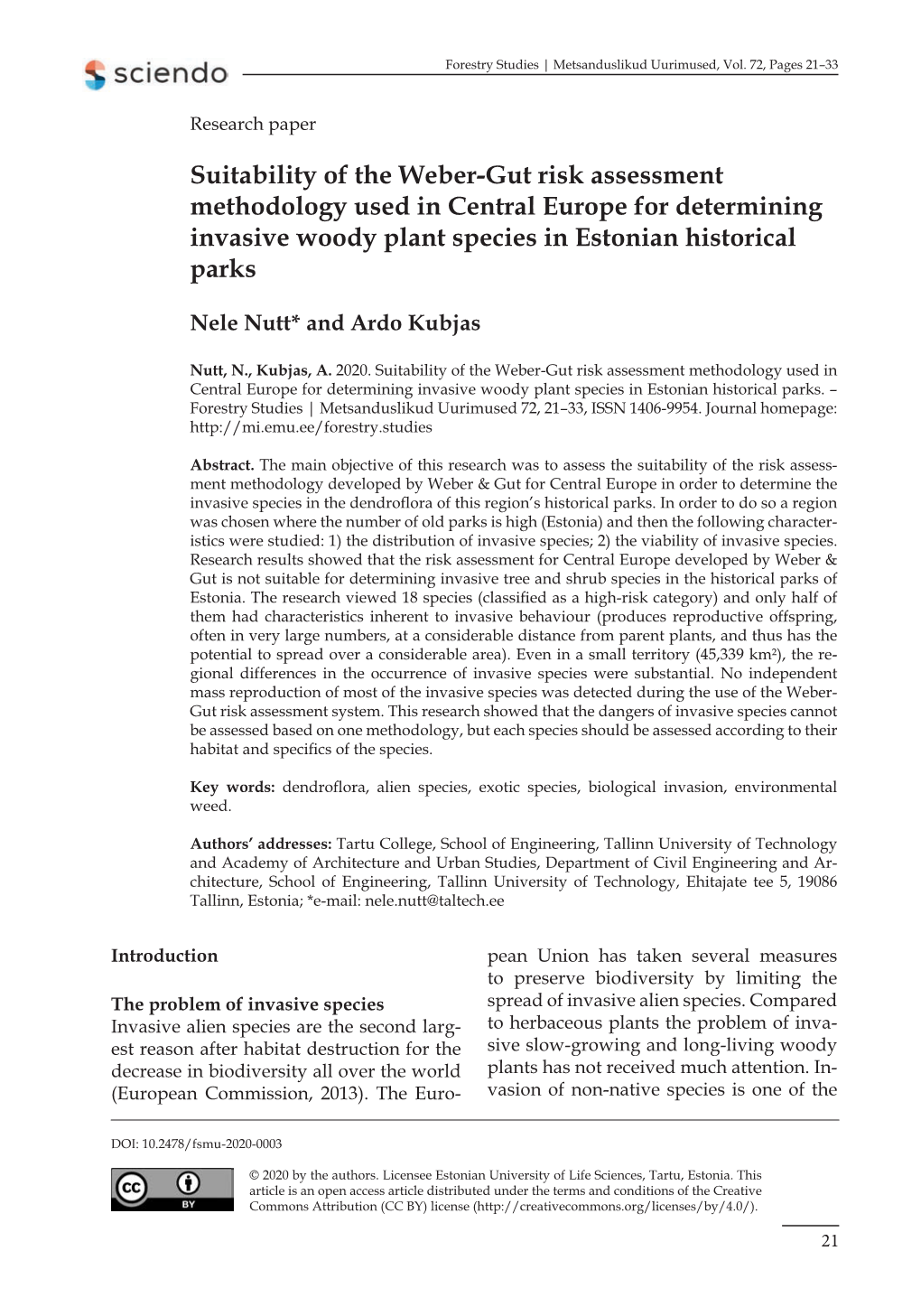 Suitability of the Weber-Gut Risk Assessment Methodology Used in Central Europe for Determining Invasive Woody Plant Species in Estonian Historical Parks