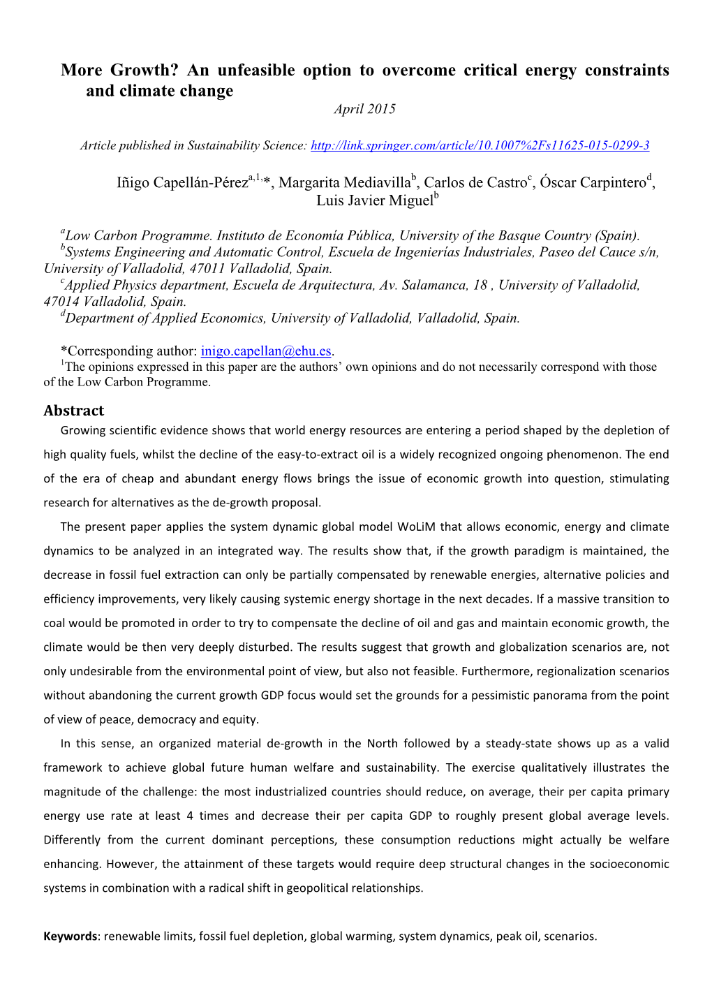 More Growth? an Unfeasible Option to Overcome Critical Energy Constraints and Climate Change April 2015