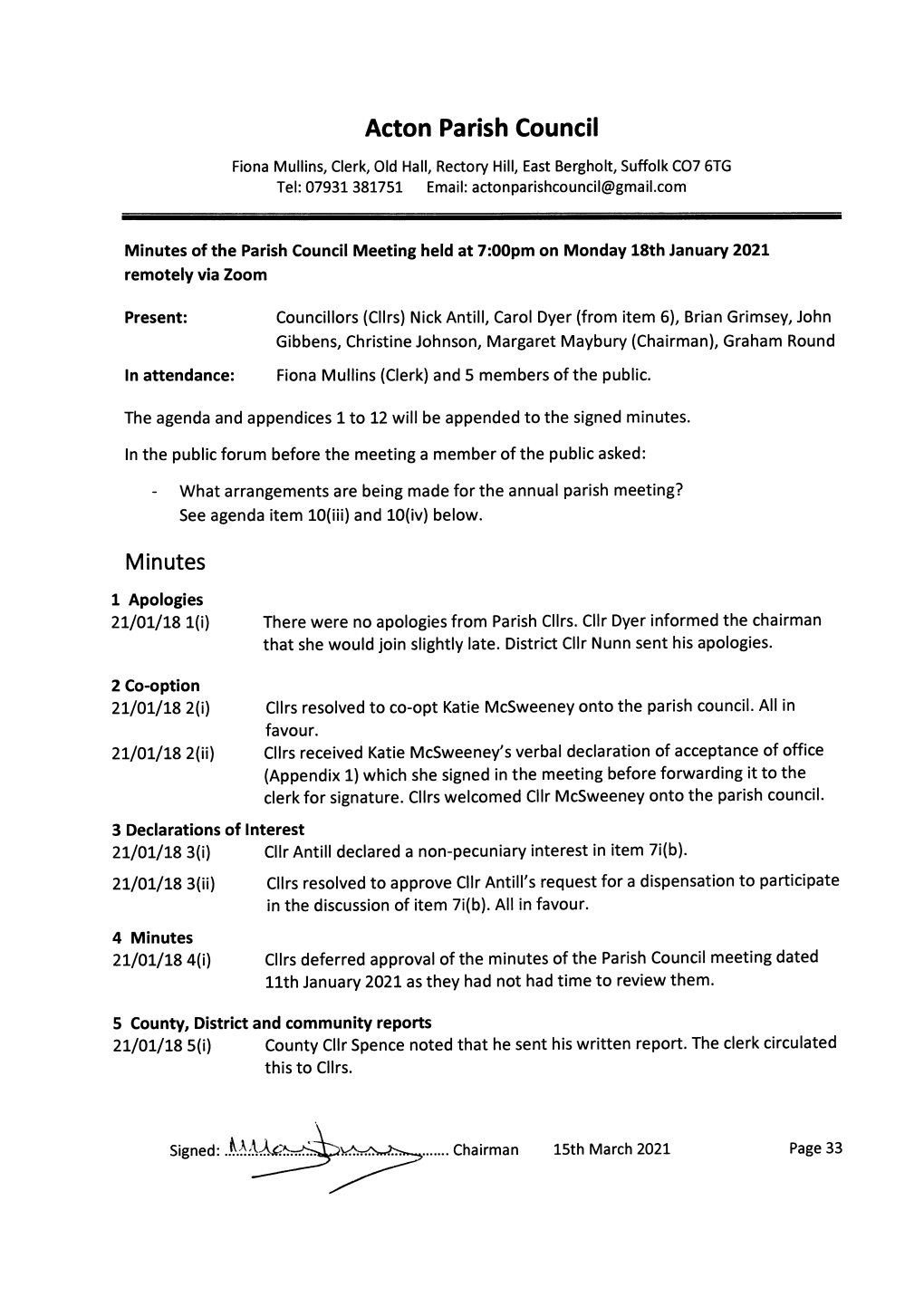 Parish Council Meeting Dated 18Th January 2021