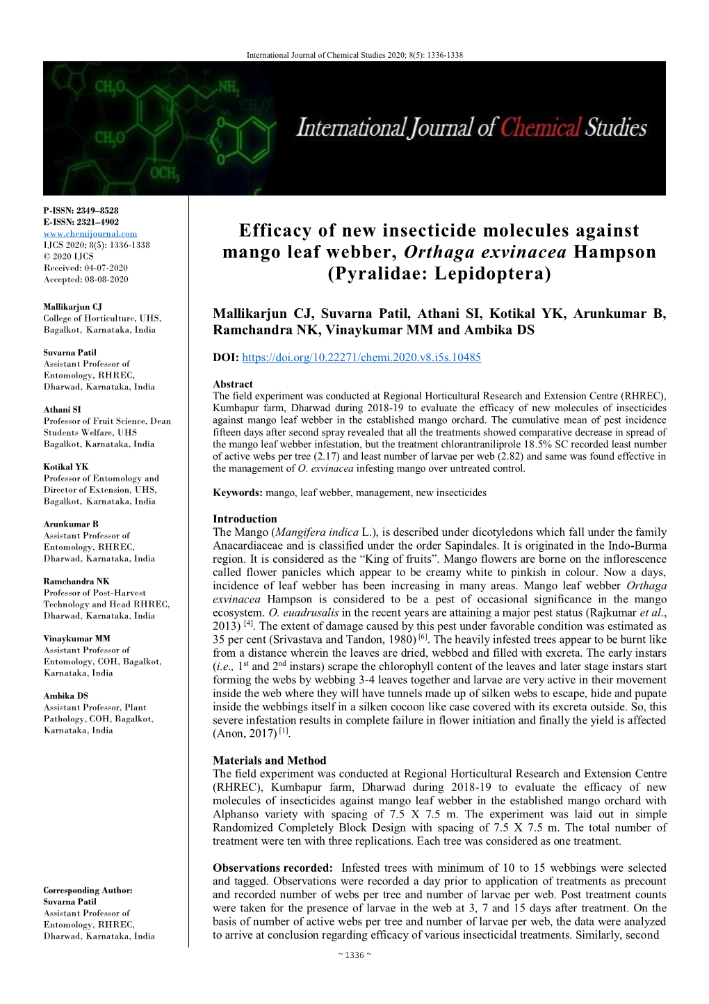 Efficacy of New Insecticide Molecules Against Mango Leaf Webber