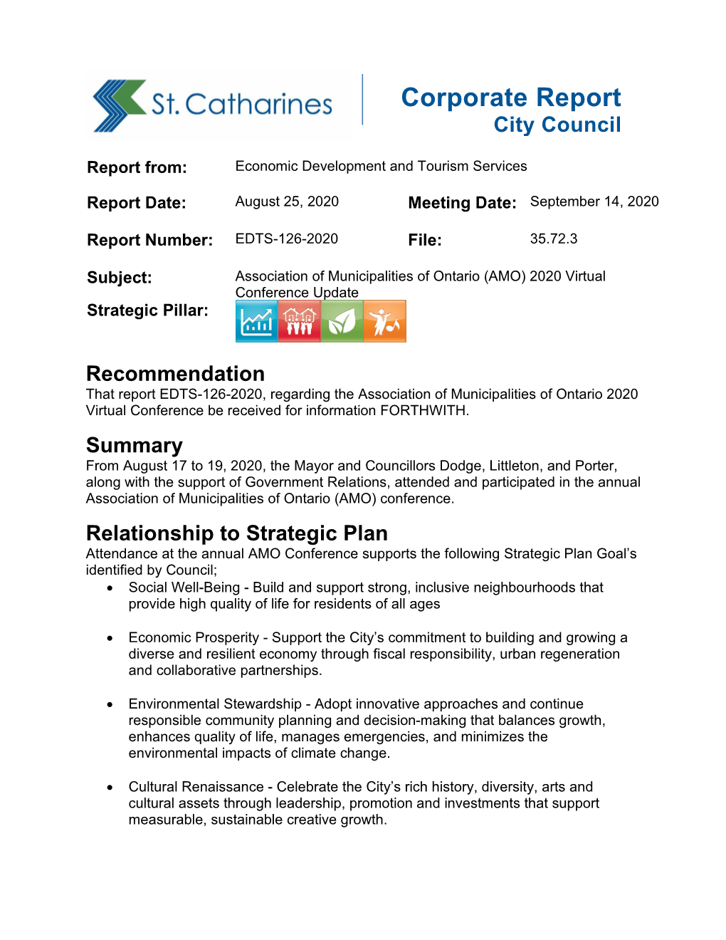 Report EDTS-126-2020, Regarding the Association of Municipalities of Ontario 2020 Virtual Conference Be Received for Information FORTHWITH