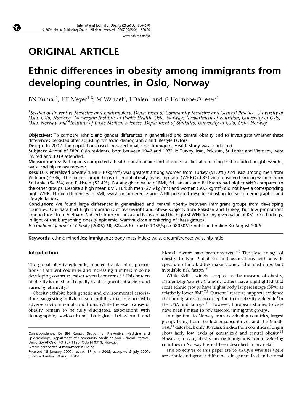 Ethnic Differences in Obesity Among Immigrants from Developing Countries, in Oslo, Norway