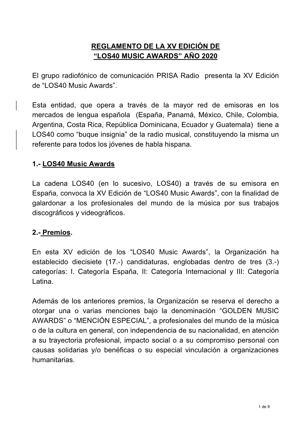 Reglamento De La Xv Edición De “Los40 Music Awards” Año 2020