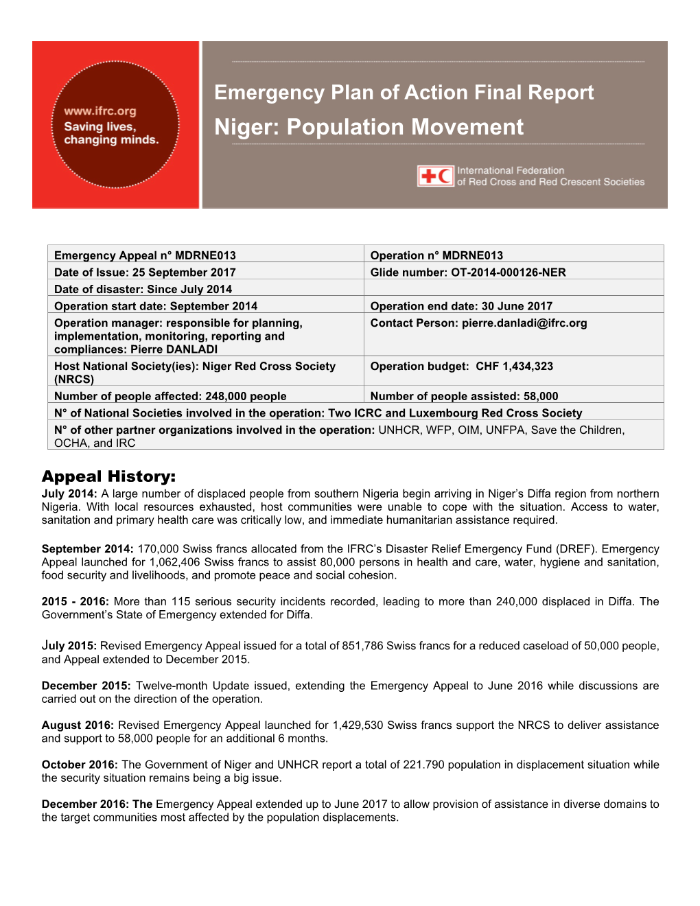 Emergency Plan of Action Final Report Niger: Population Movement