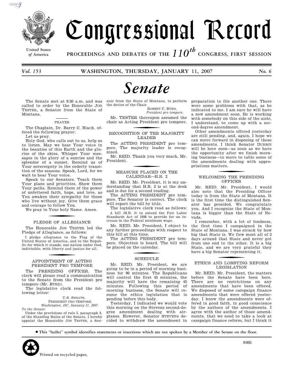 Congressional Record United States Th of America PROCEEDINGS and DEBATES of the 110 CONGRESS, FIRST SESSION