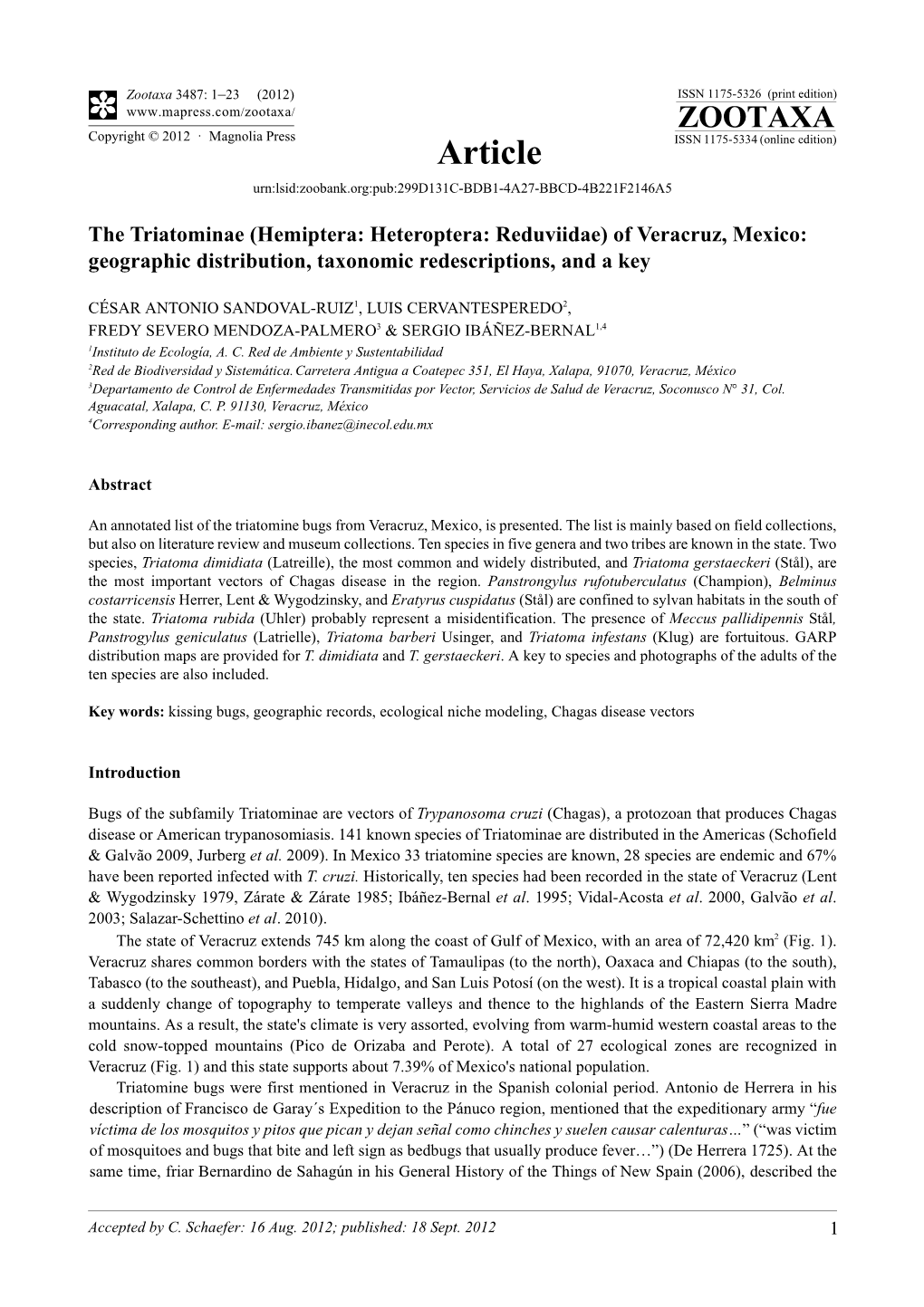 The Triatominae (Hemiptera: Heteroptera: Reduviidae) of Veracruz, Mexico: Geographic Distribution, Taxonomic Redescriptions, and a Key