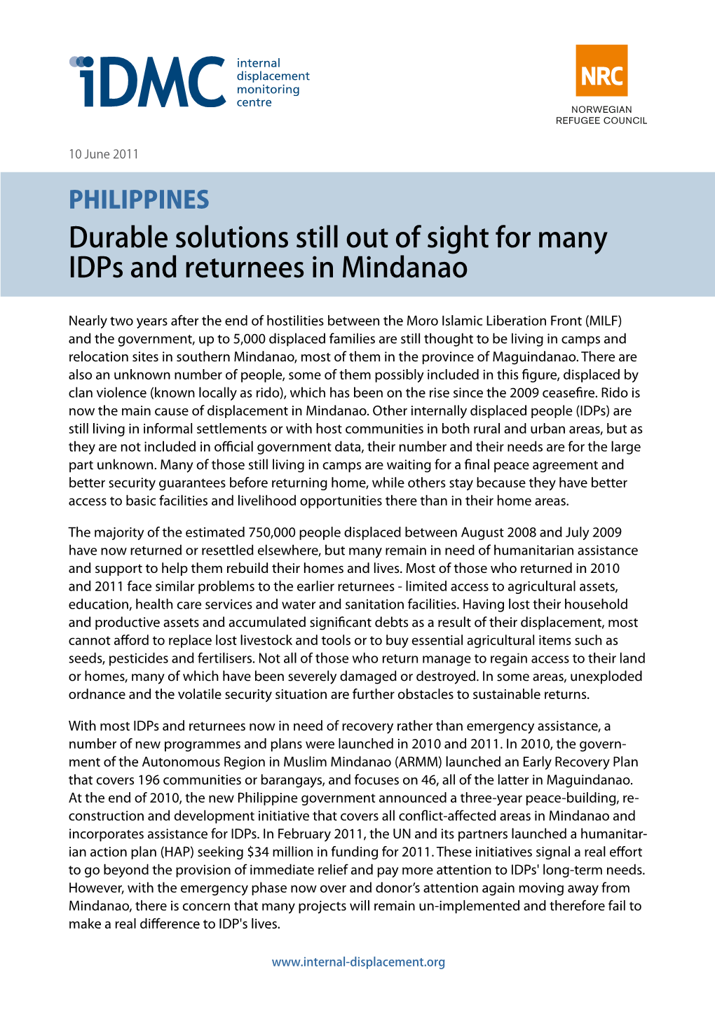 Philippines: Durable Solutions Still out of Sight for Many Idps and Returnees in Mindanao