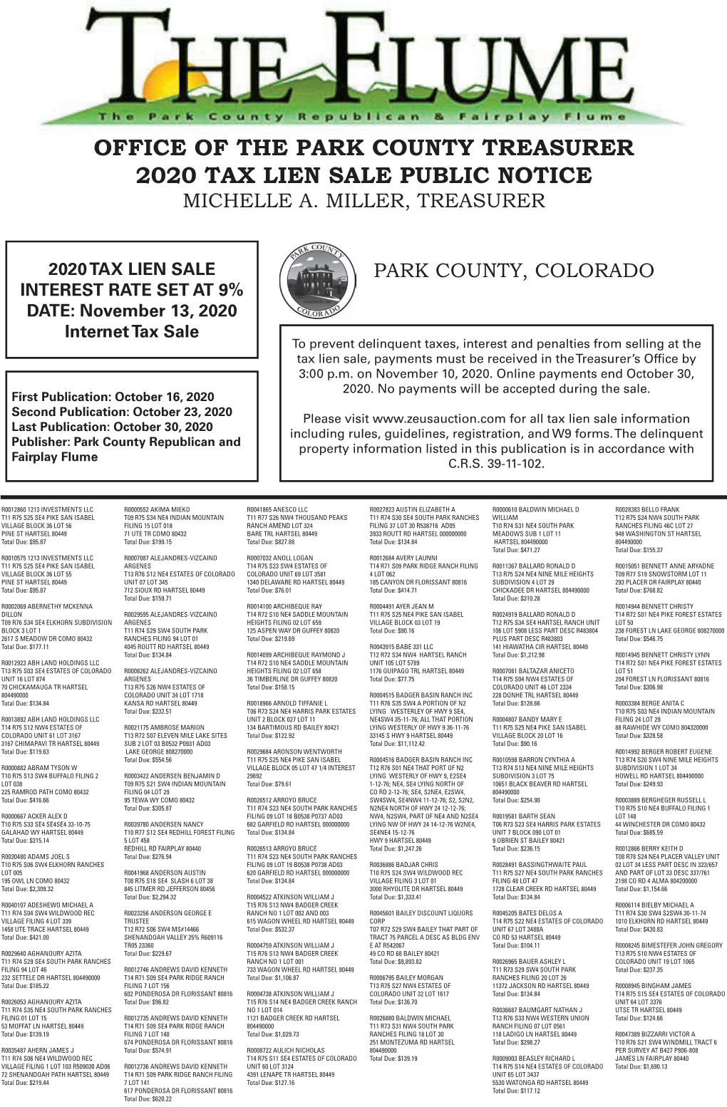 Office of the Park County Treasurer 2020 Tax Lien Sale Public Notice Michelle A