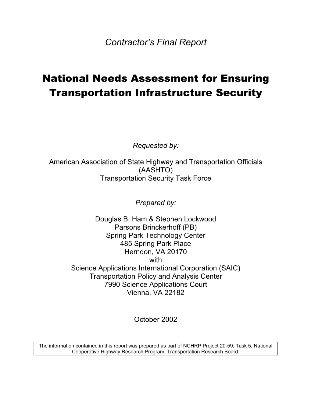 National Needs Assessment for Ensuring Transportation Infrastructure Security