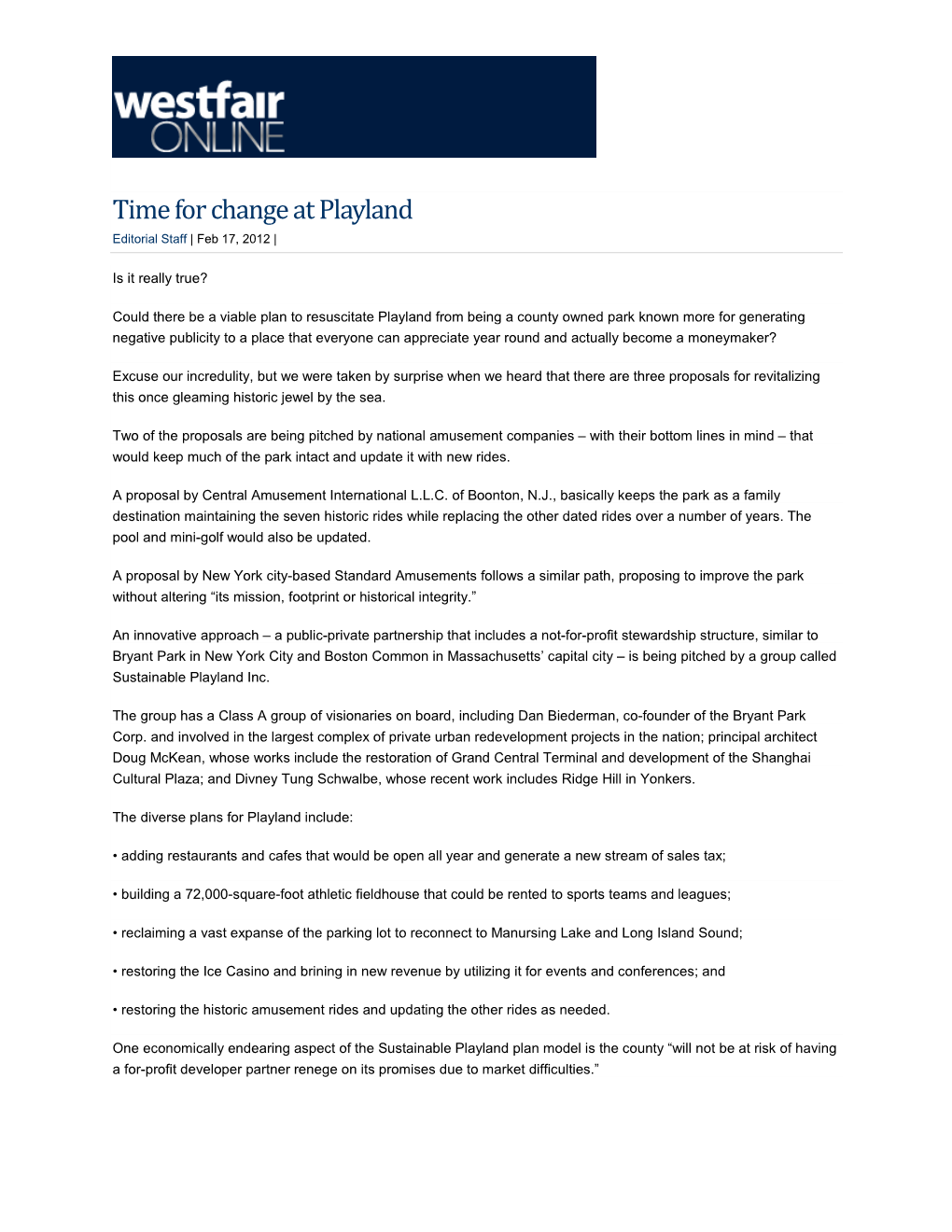Time for Change at Playland Editorial Staff | Feb 17, 2012 |