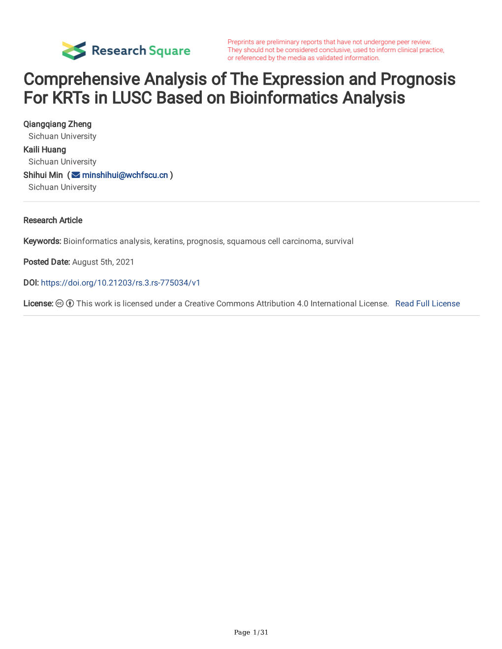 Comprehensive Analysis of the Expression and Prognosis for Krts in LUSC Based on Bioinformatics Analysis