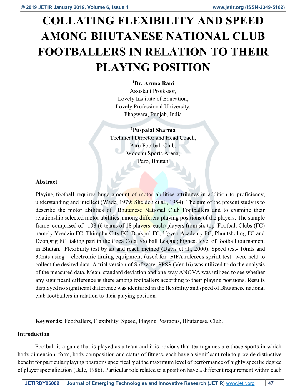 Collating Flexibility and Speed Among Bhutanese National Club Footballers in Relation to Their Playing Position