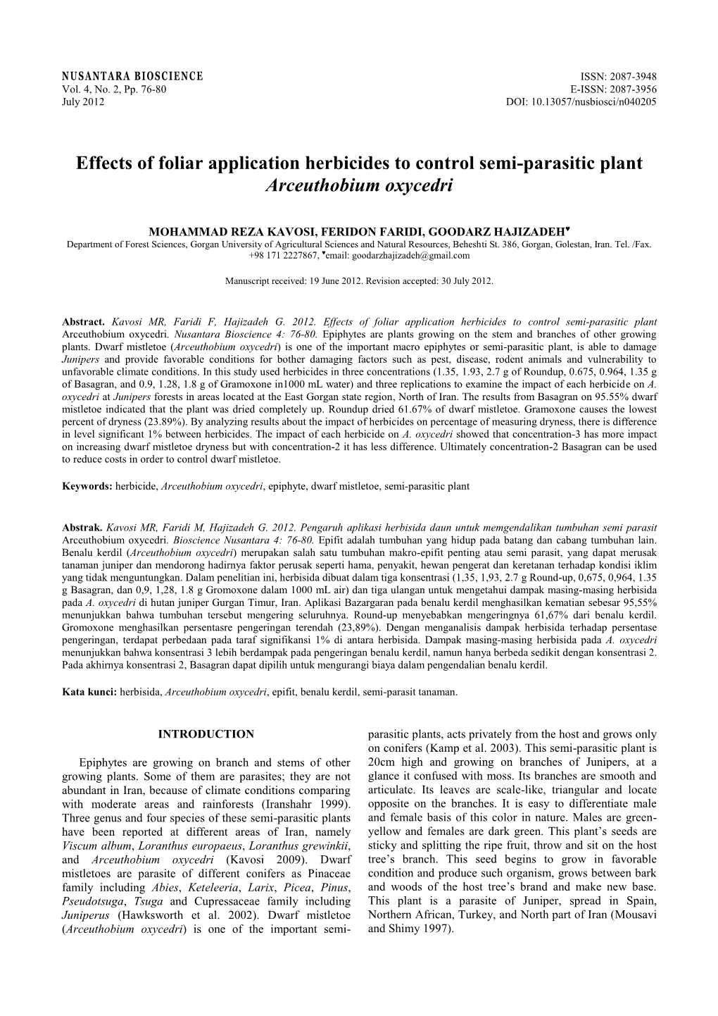 Effects of Foliar Application Herbicides to Control Semi-Parasitic Plant Arceuthobium Oxycedri