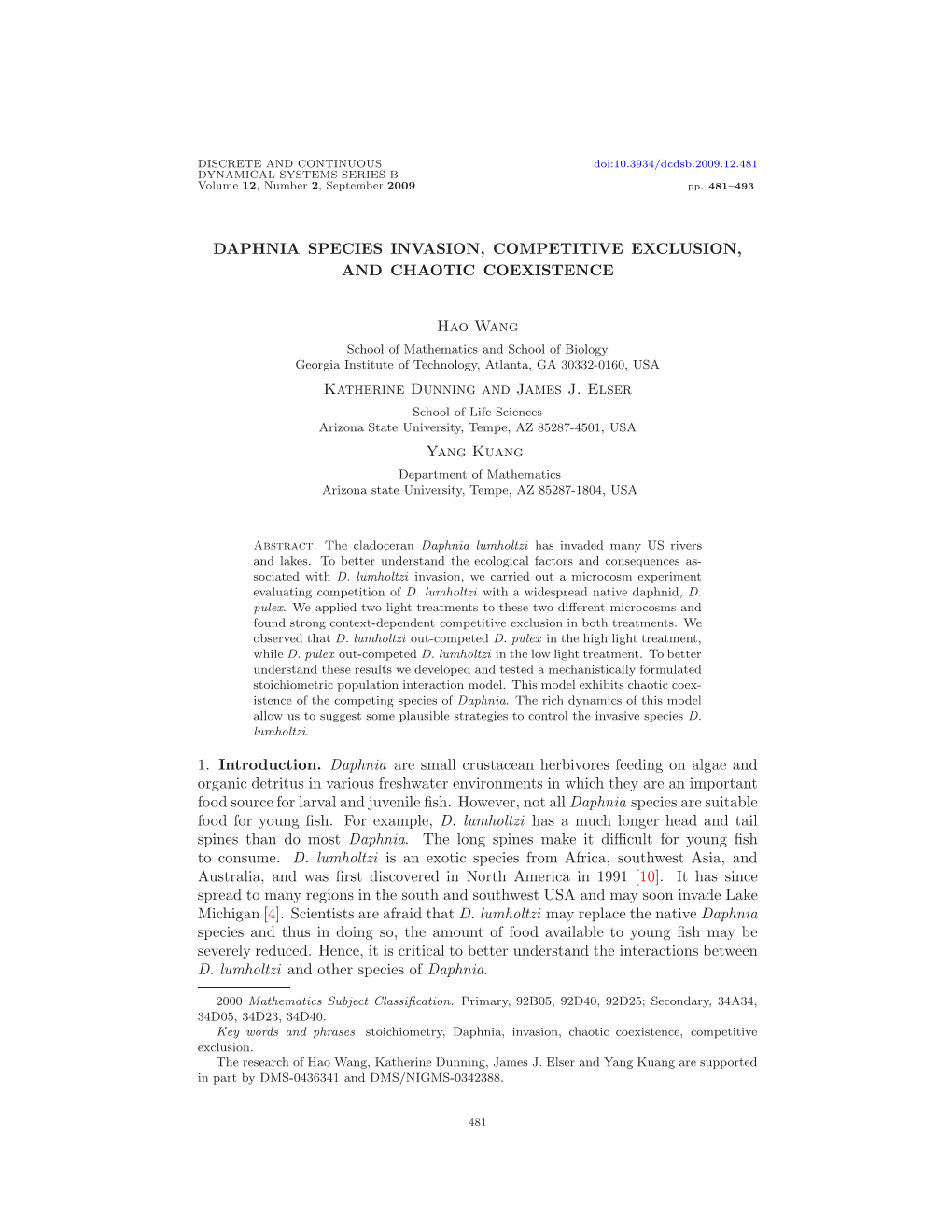 Daphnia Species Invasion, Competitive Exclusion, and Chaotic Coexistence