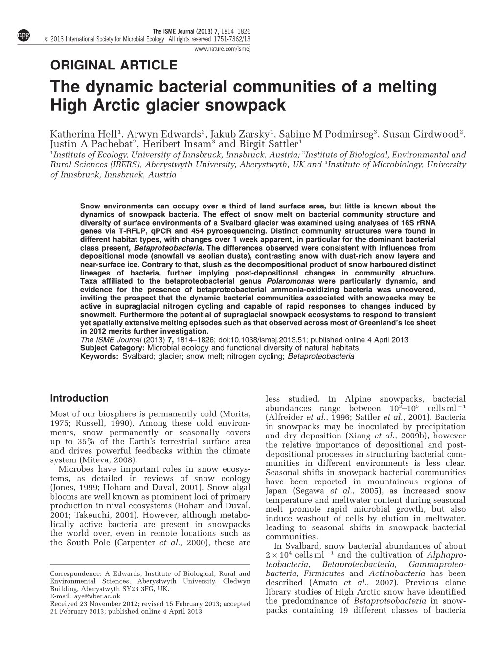 The Dynamic Bacterial Communities of a Melting High Arctic Glacier Snowpack
