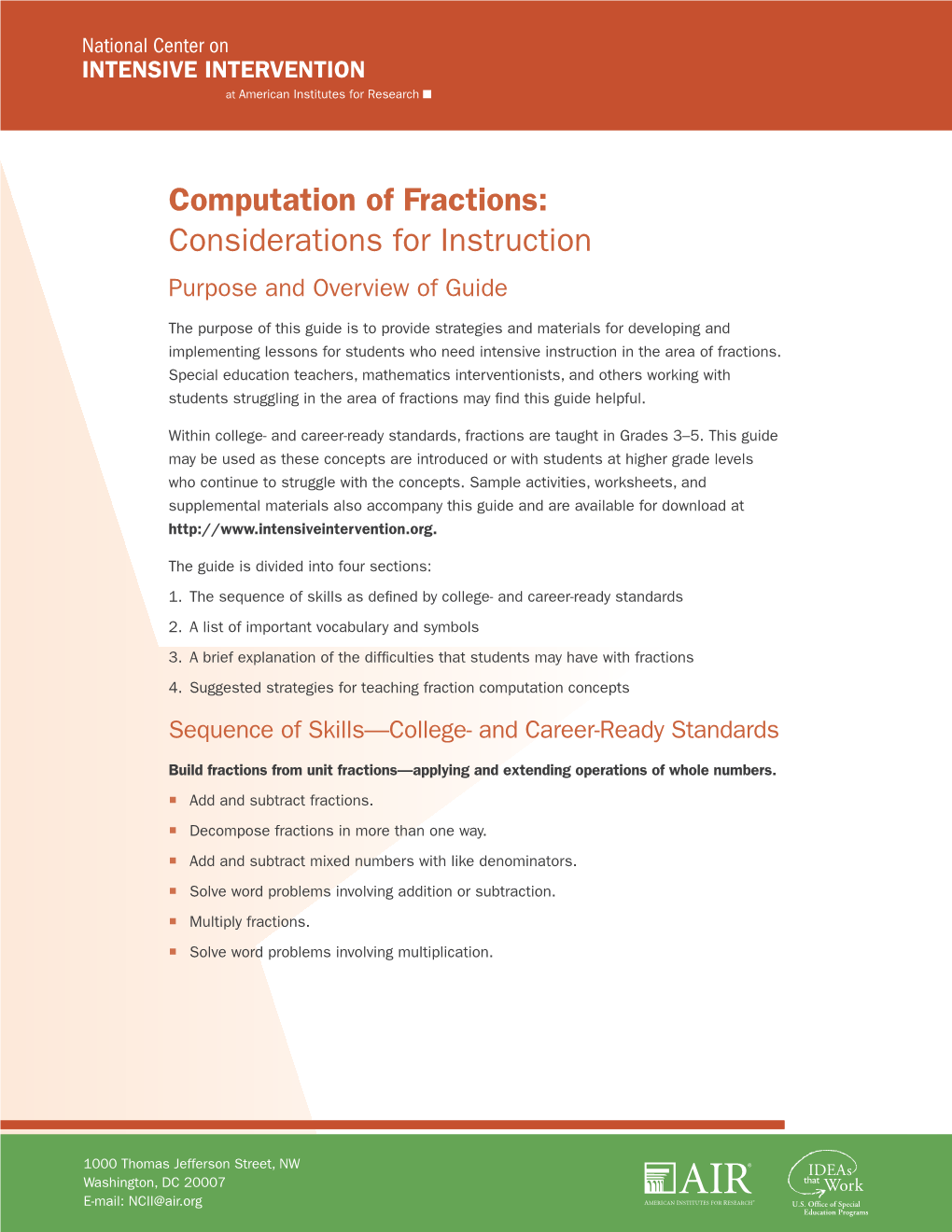 Computation of Fractions: Considerations for Instruction Purpose and Overview of Guide