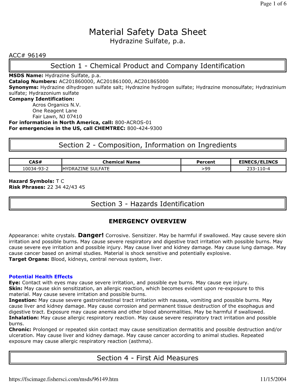 Material Safety Data Sheet Hydrazine Sulfate, P.A