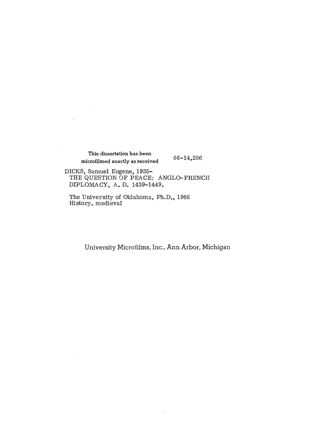 University Microfilms, Inc., Ann Arbor, Michigan D