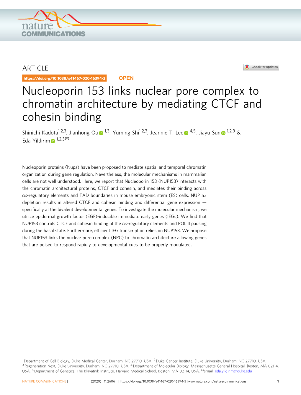 Nucleoporin 153 Links Nuclear Pore Complex to Chromatin Architecture by Mediating CTCF and Cohesin Binding