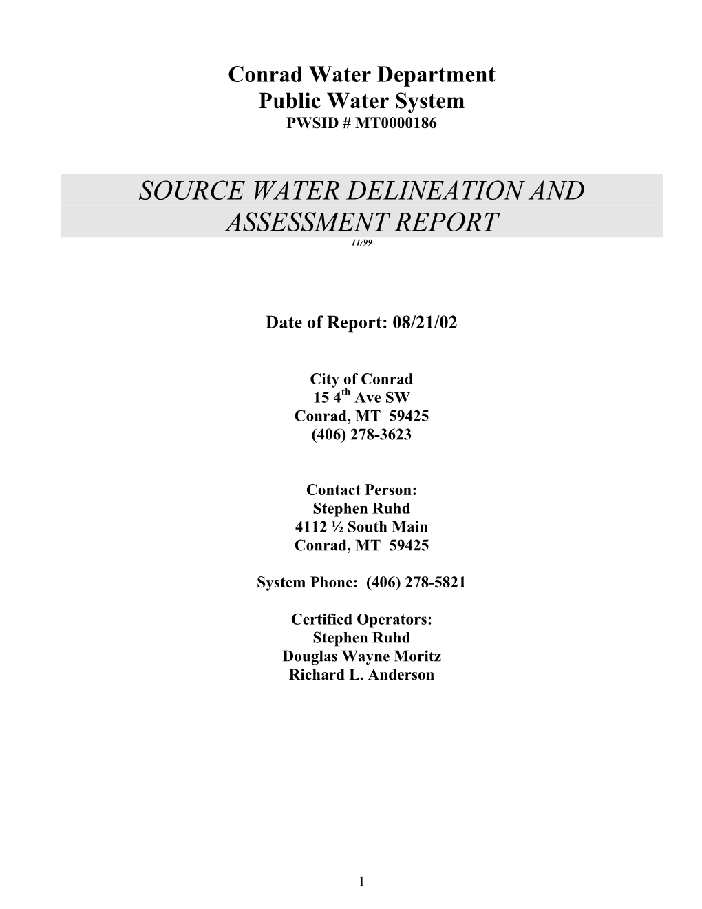 Source Water Delineation and Assessment Report 11/99