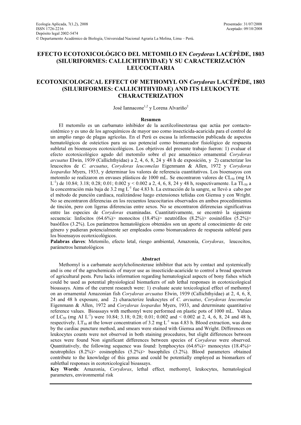 EFECTO ECOTOXICOLÓGICO DEL METOMILO EN Corydoras LACÉPÈDE, 1803 (SILURIFORMES: CALLICHTHYIDAE) Y SU CARACTERIZACIÓN LEUCOCITARIA
