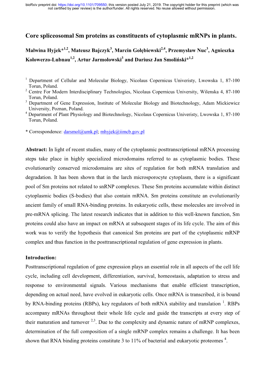 Core Spliceosomal Sm Proteins As Constituents of Cytoplasmic Mrnps in Plants