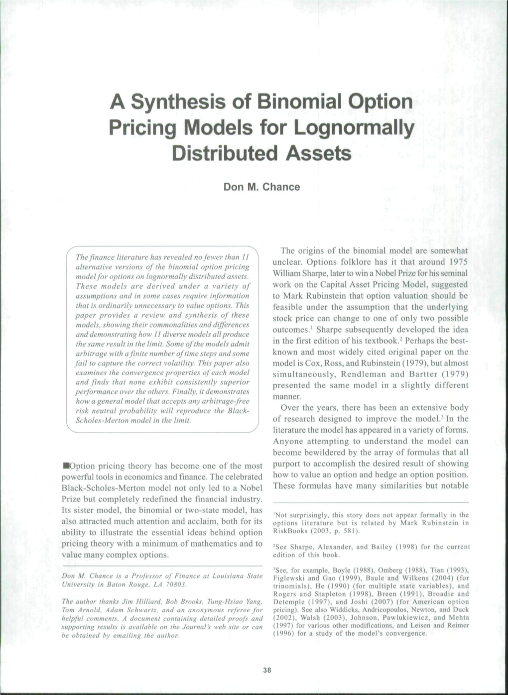 A Synthesis of Binomial Option Pricing Iviodels for Lognormaiiy Distributed Assets