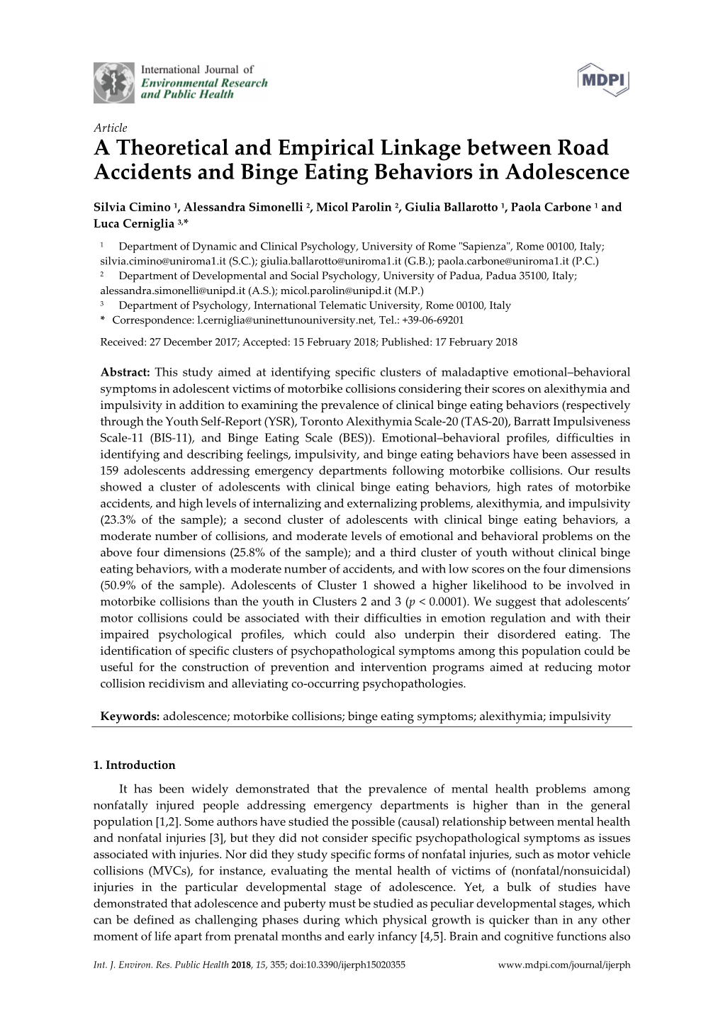 A Theoretical and Empirical Linkage Between Road Accidents and Binge Eating Behaviors in Adolescence