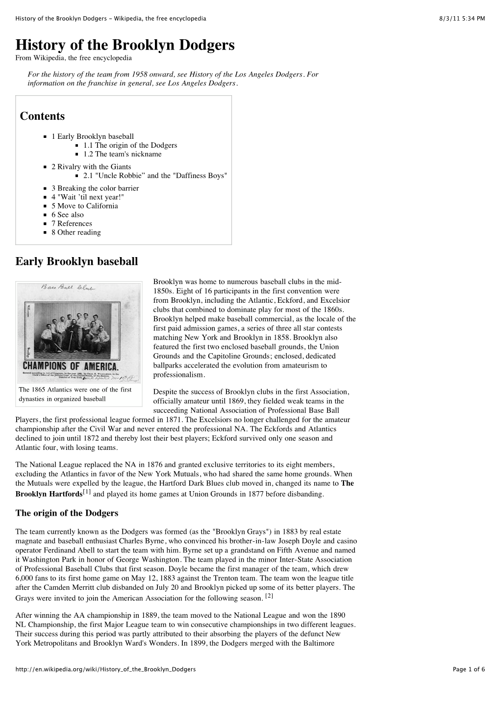 History of the Brooklyn Dodgers - Wikipedia, the Free Encyclopedia 8/3/11 5:34 PM