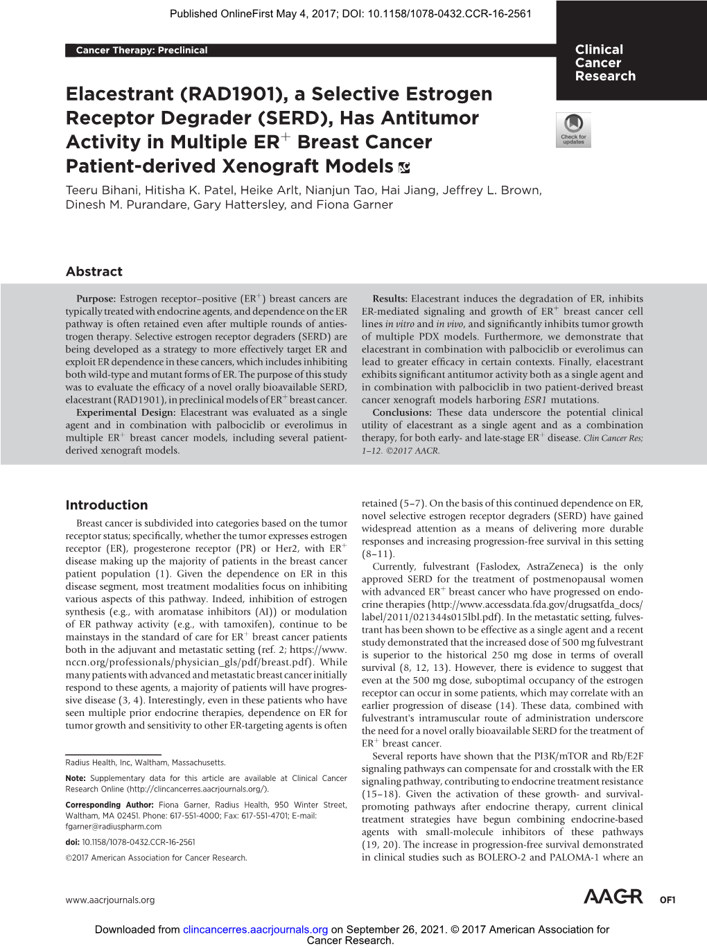 SERD), Has Antitumor Activity in Multiple Erþ Breast Cancer Patient-Derived Xenograft Models Teeru Bihani, Hitisha K