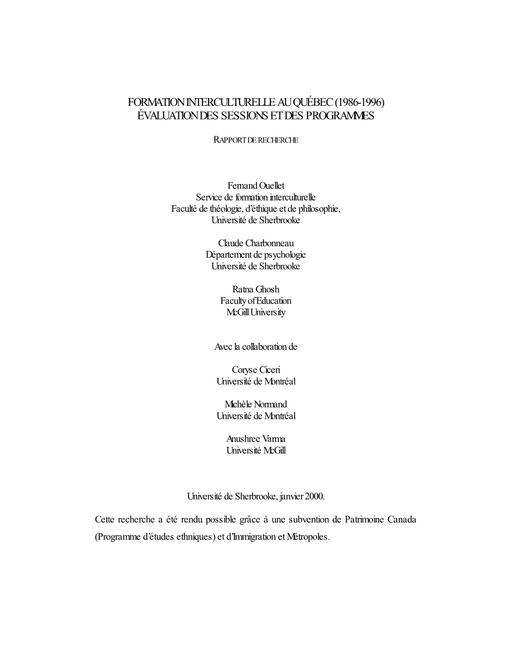 Formation Interculturelle Au Québec (1986-1996) Évaluation Des Sessions Et Des Programmes