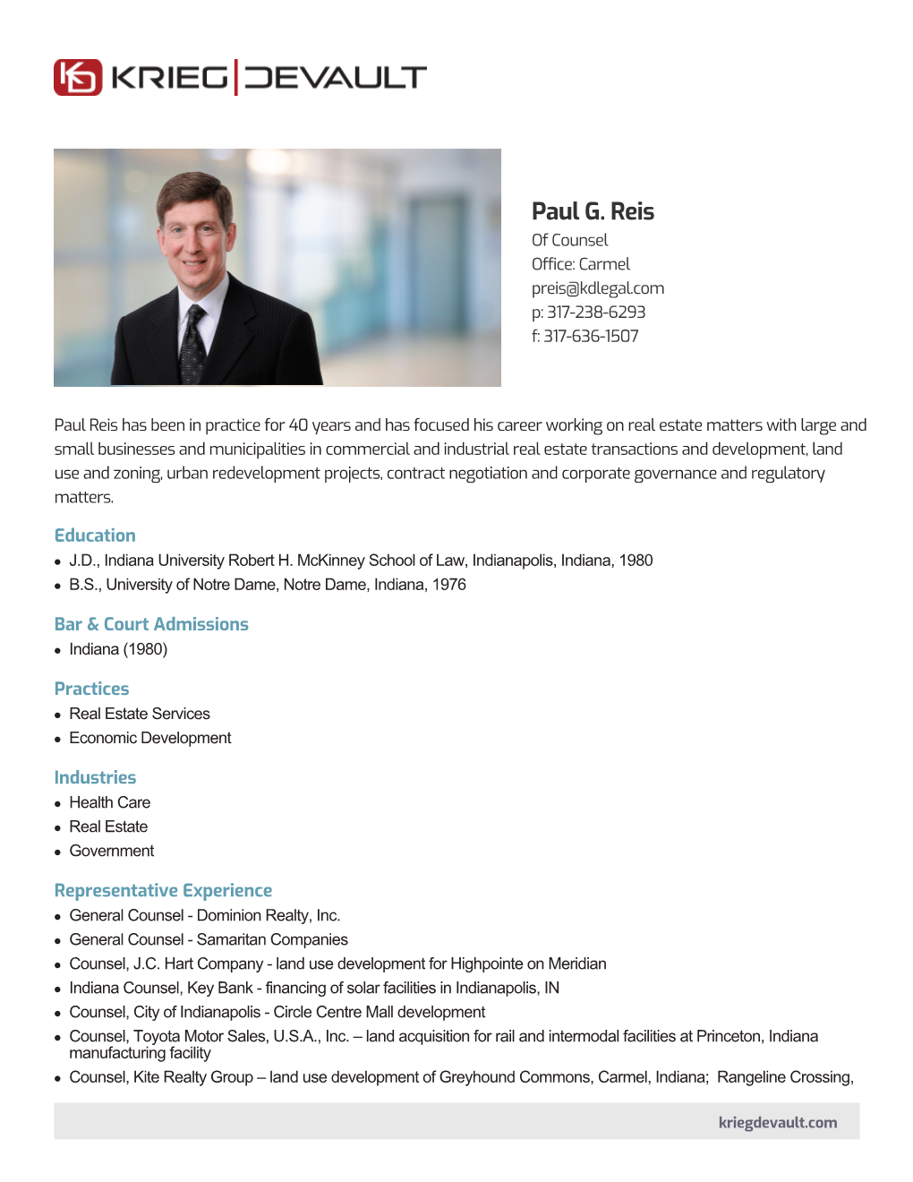 Paul G. Reis of Counsel Office: Carmel Preis@Kdlegal.Com P: 317-238-6293 F: 317-636-1507