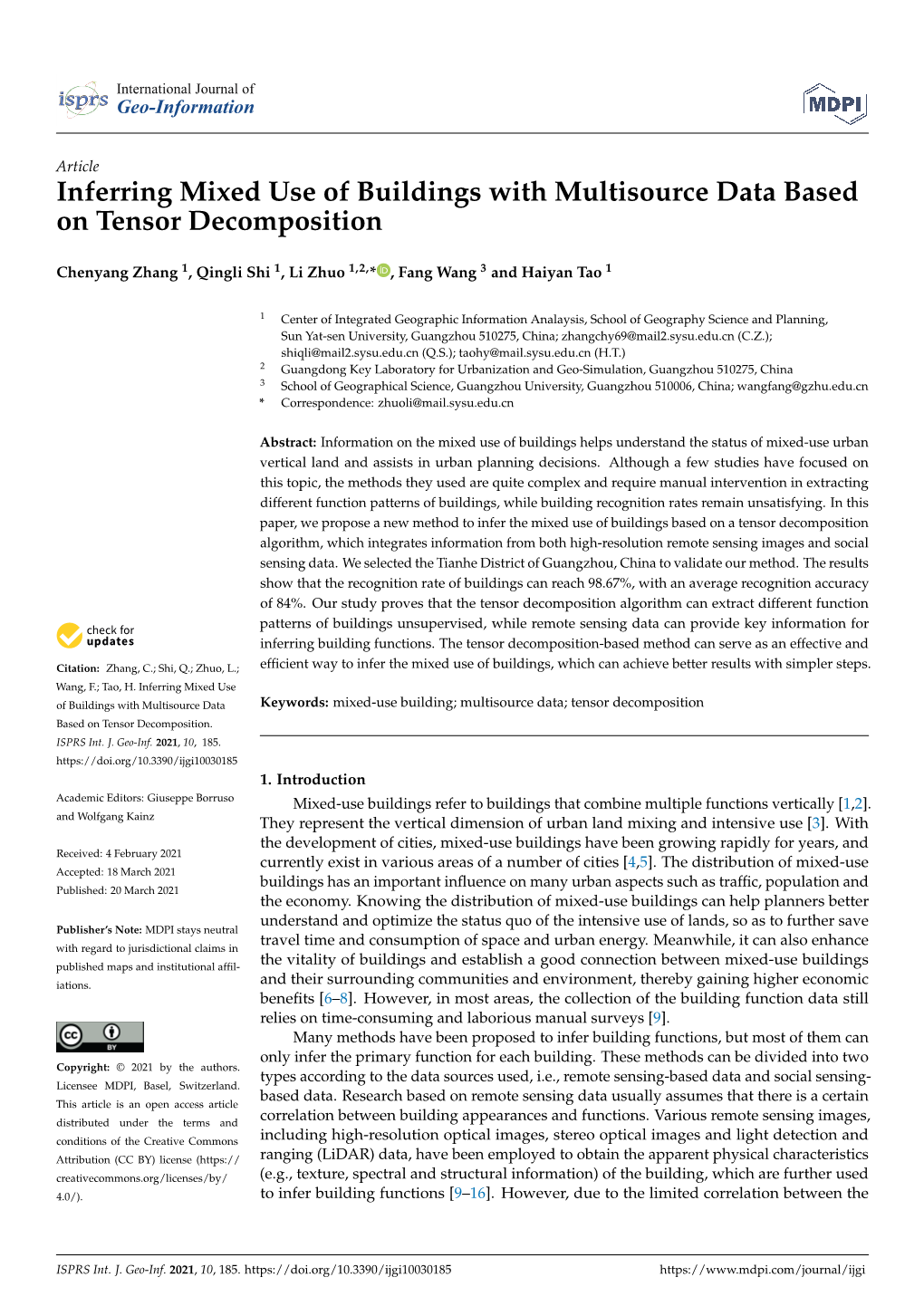 Inferring Mixed Use of Buildings with Multisource Data Based on Tensor Decomposition
