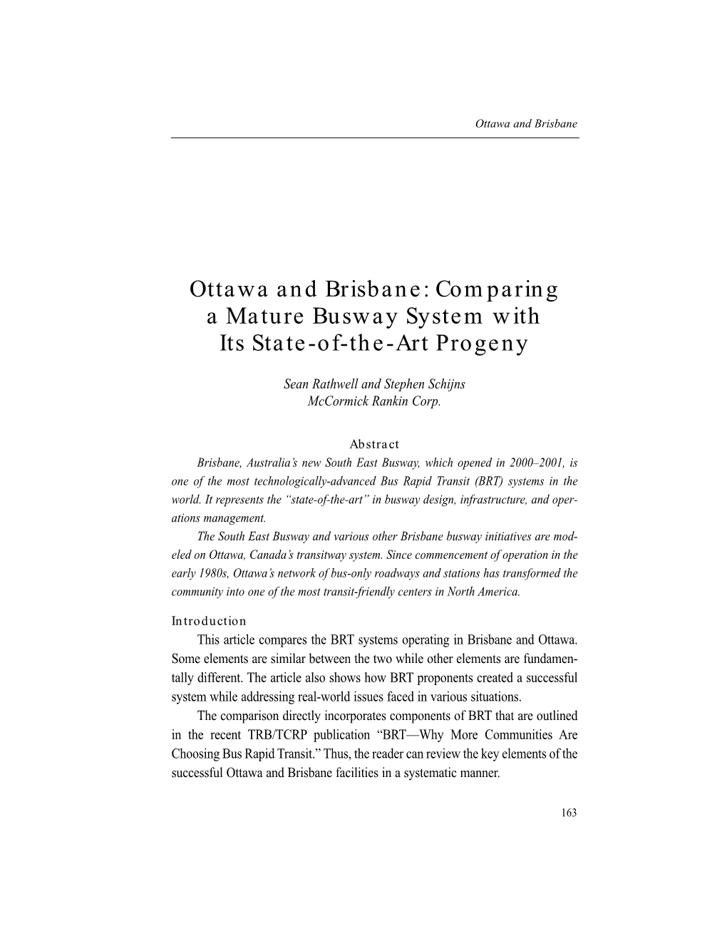 Ottawa and Brisbane: Comparing a Mature Busway System with Its State-Of-The-Art Progeny