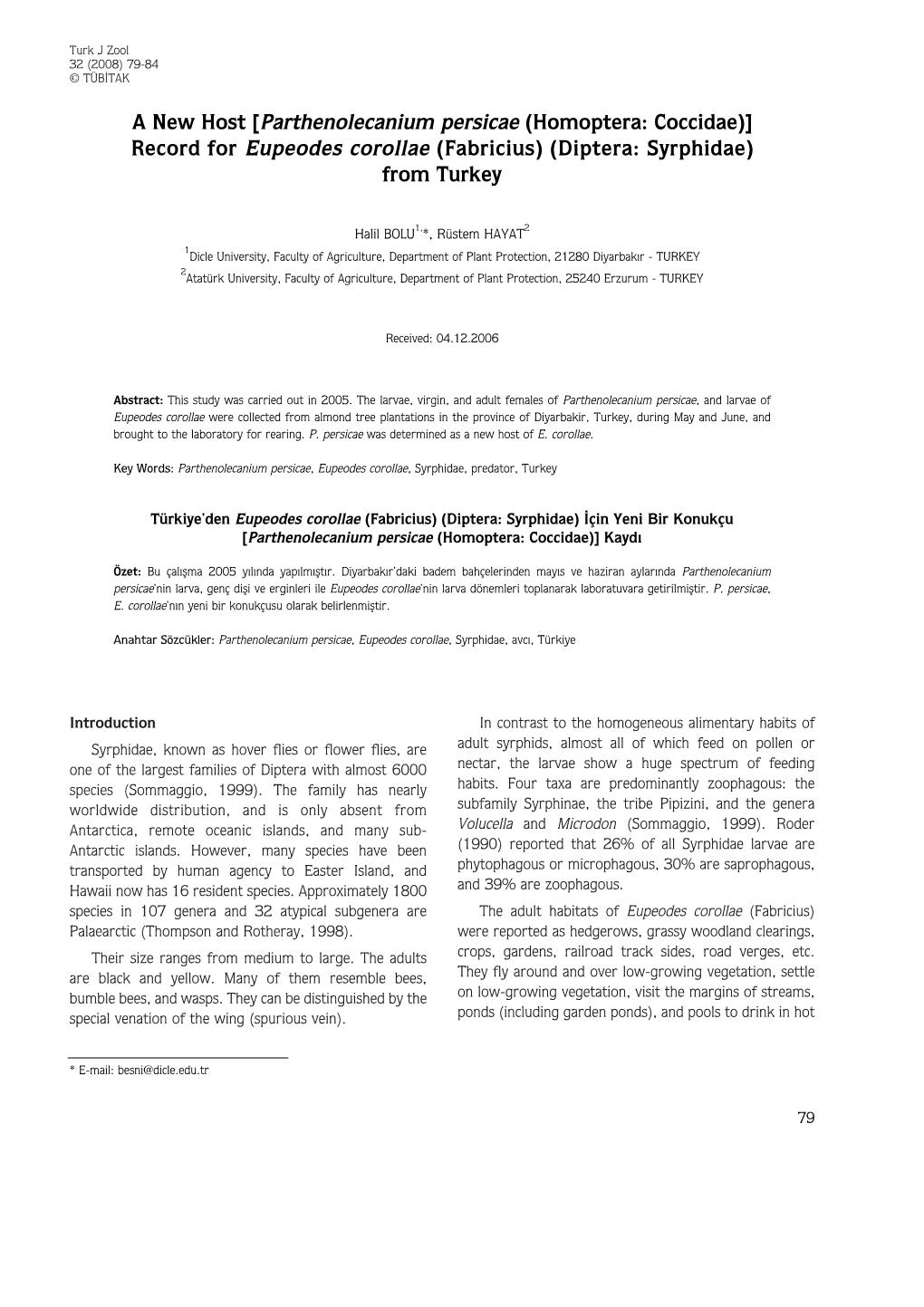 A New Host [Parthenolecanium Persicae (Homoptera: Coccidae)] Record for Eupeodes Corollae (Fabricius) (Diptera: Syrphidae) from Turkey