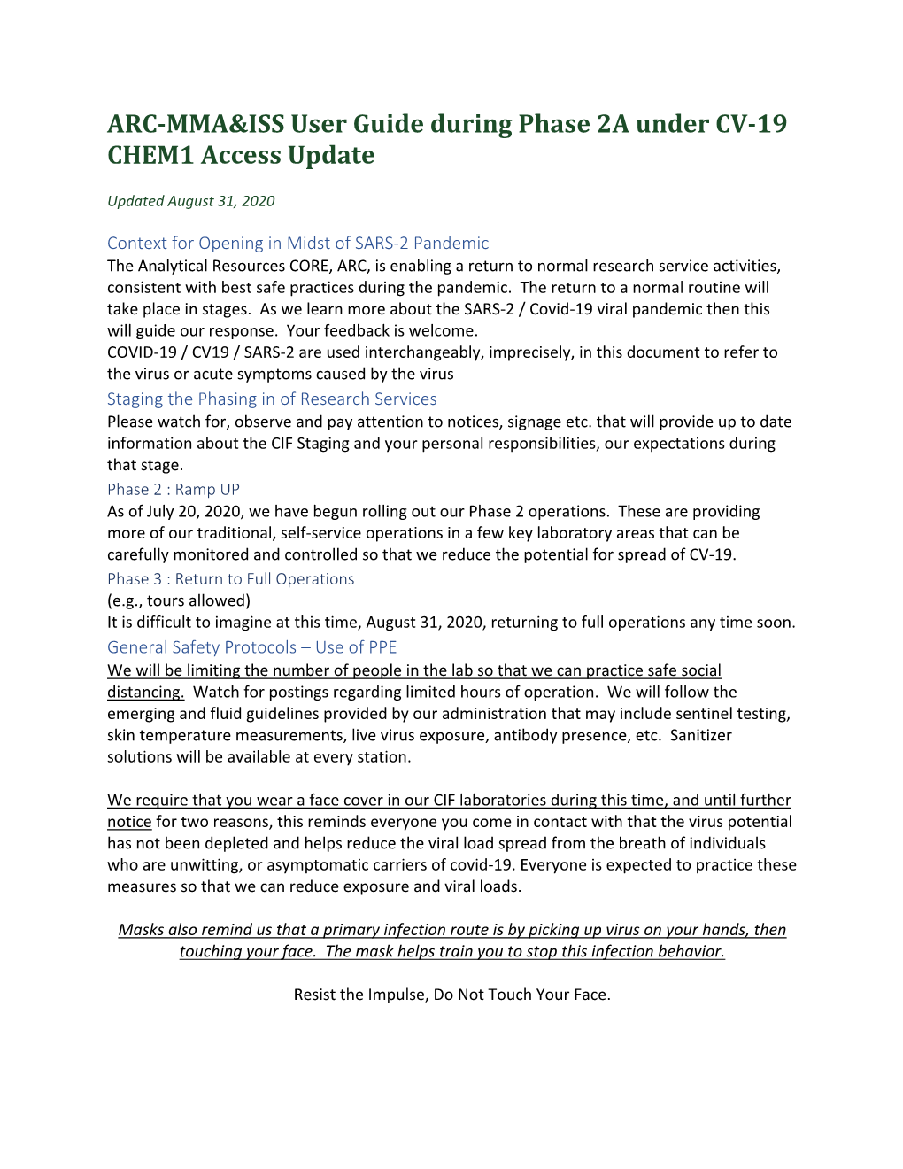 ARC-MMA&ISS User Guide During Phase 2A Under CV-19 CHEM1