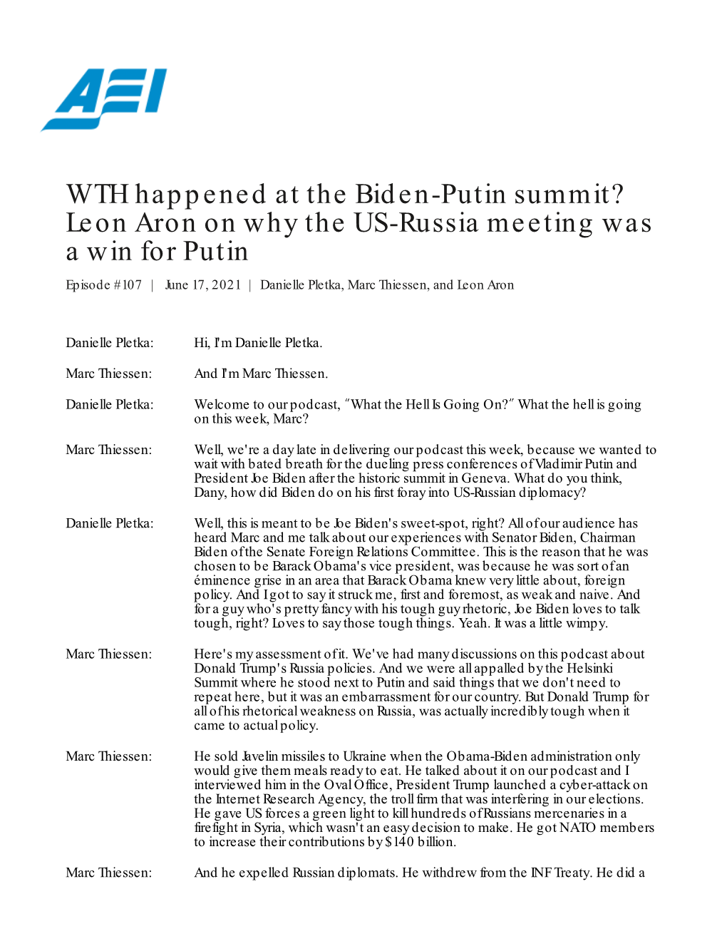 Leon Aron on Why the US-Russia Meeting Was a Win for Putin