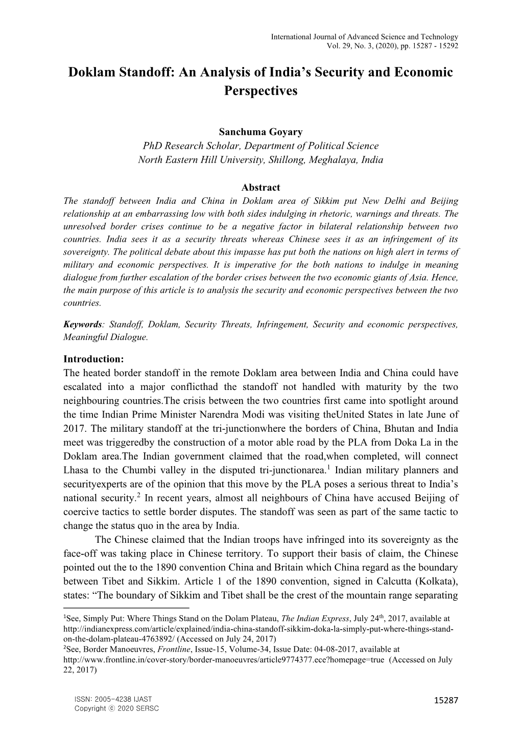 Doklam Standoff: an Analysis of India’S Security and Economic Perspectives