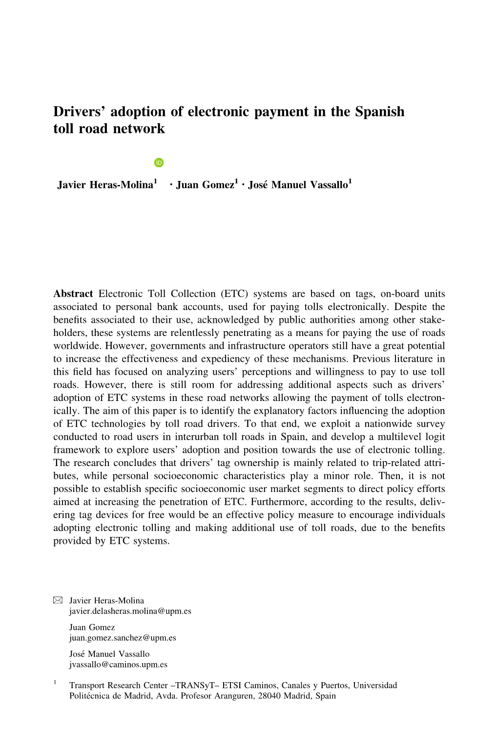 Drivers' Adoption of Electronic Payment in the Spanish Toll Road