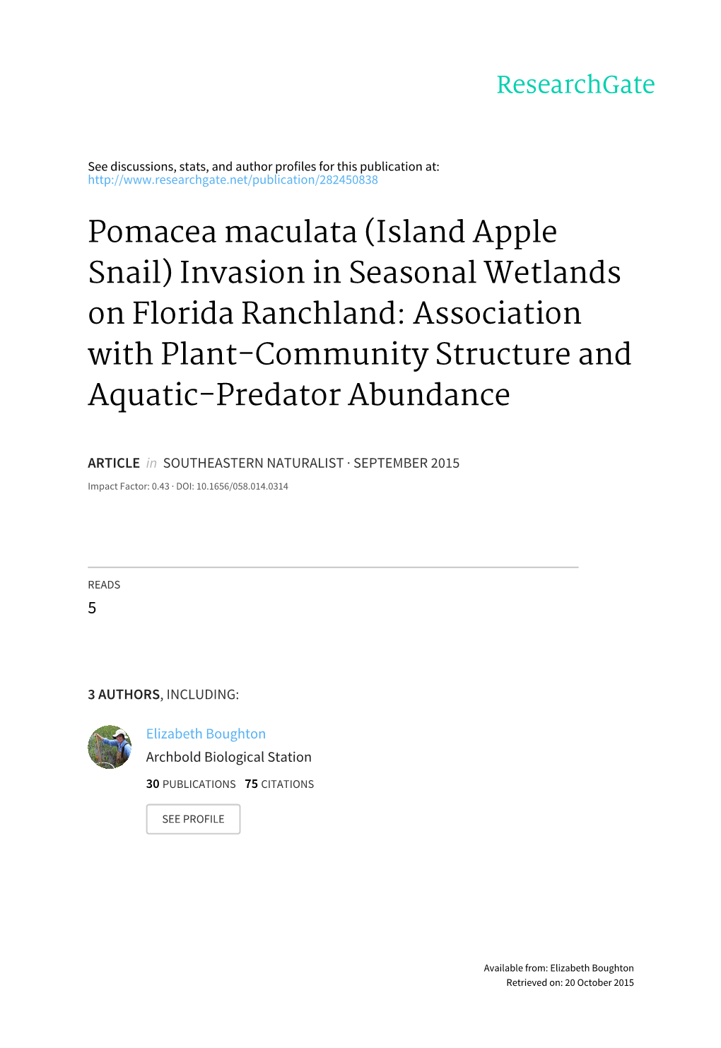 Pomacea Maculata (Island Apple Snail) Invasion in Seasonal Wetlands on Florida Ranchland: Association with Plant-Community Structure and Aquatic-Predator Abundance