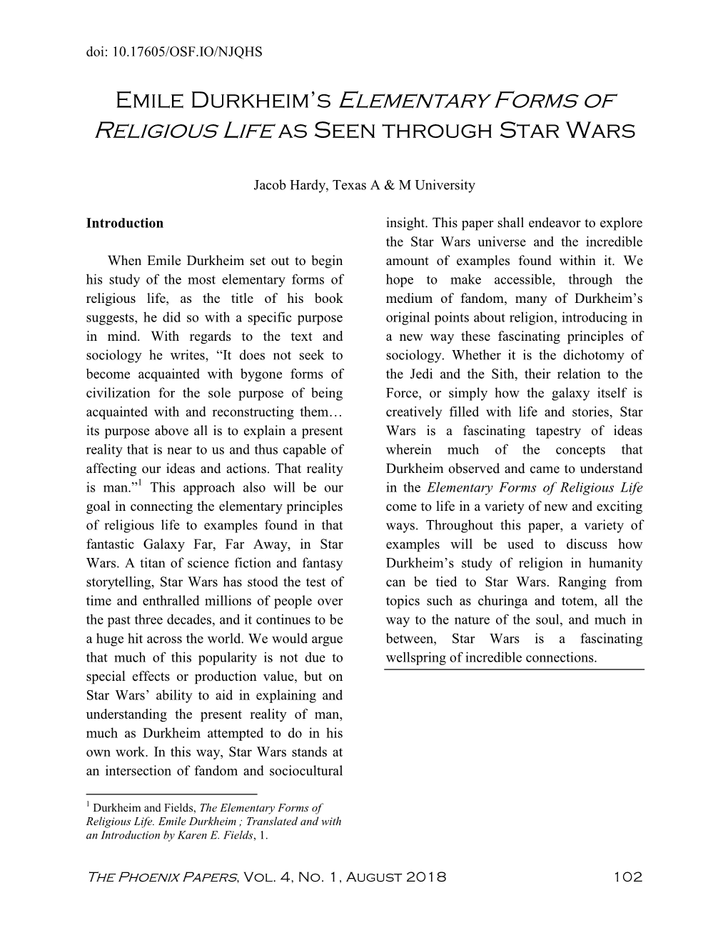 Emile Durkheim's Elementary Forms of Religious Life As Seen Through Star Wars