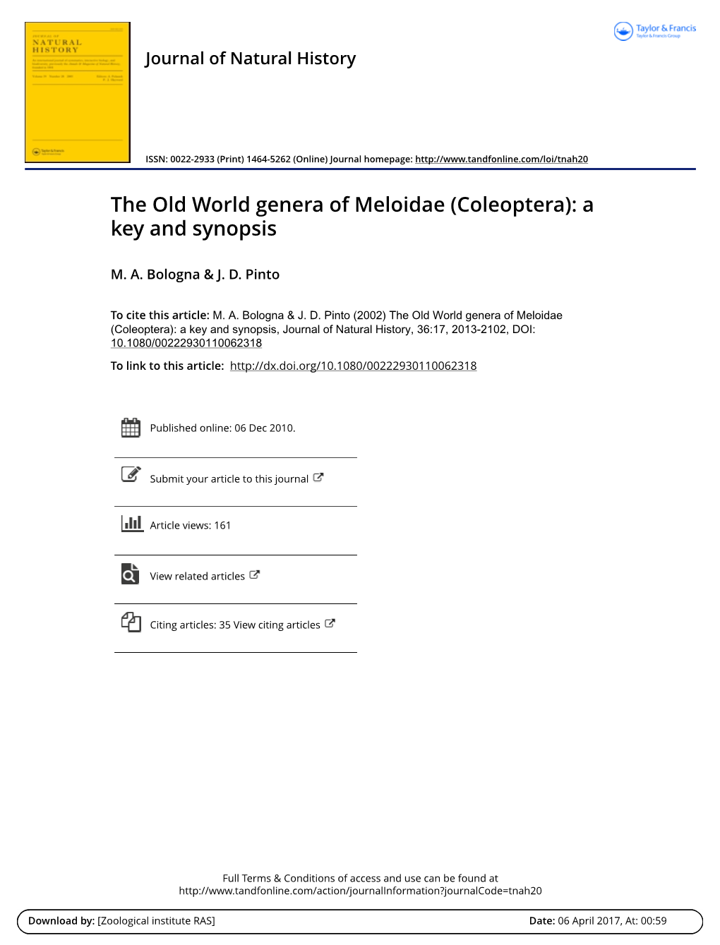The Old World Genera of Meloidae (Coleoptera): a Key and Synopsis