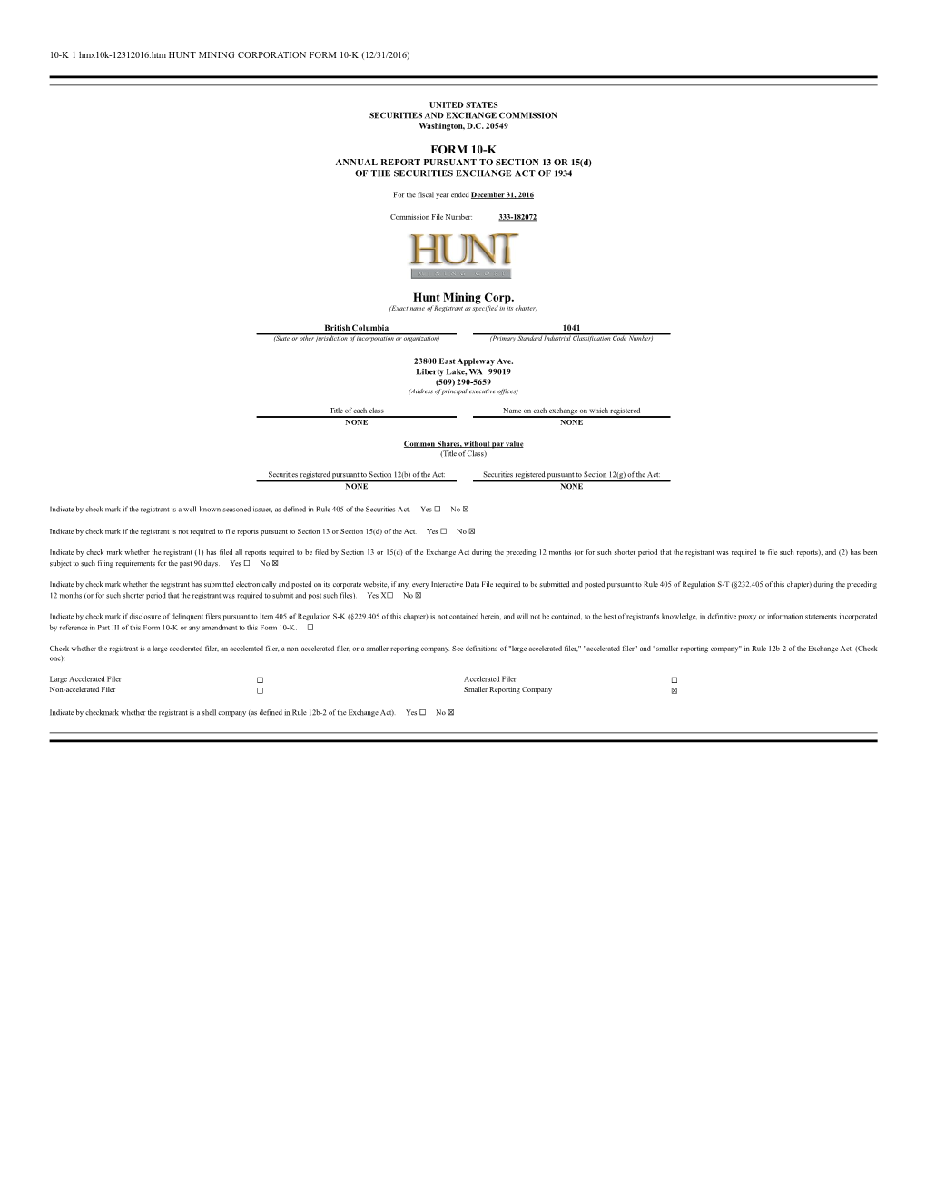 FORM 10K Hunt Mining Corp