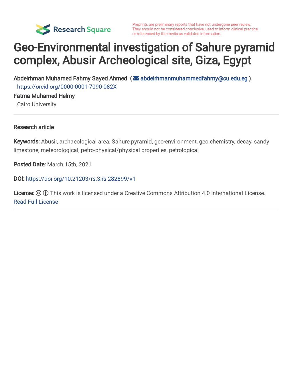 Geo-Environmental Investigation of Sahure Pyramid 1 Complex, Abusir Archeological Site, Giza, Egypt 2
