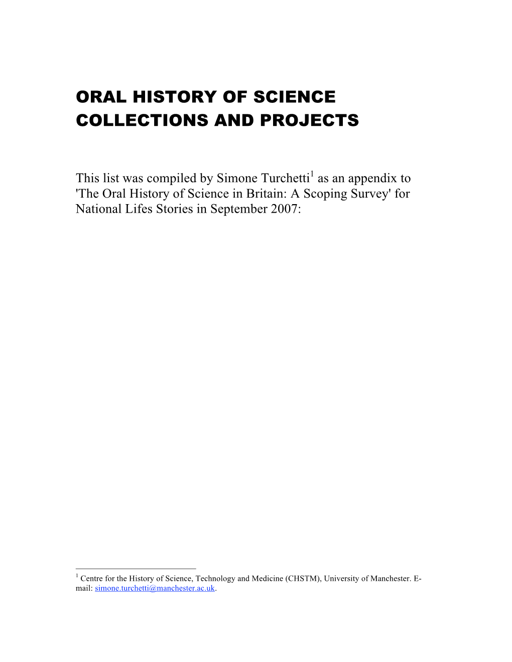 Oral History of Science Collections and Projects