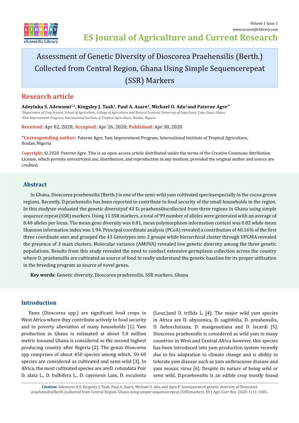 Assessment of Genetic Diversity of Dioscorea Praehensilis (Berth.) Collected from Central Region, Ghana Using Simple Sequencerepeat (SSR) Markers